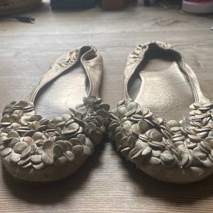 BCBG Maxazria gold leather unique flats